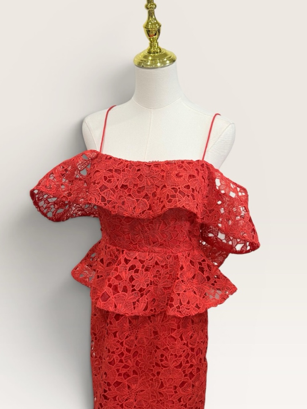 Muse by Marchesa Amaryllis Red Lace Peplum Midi Cocktail Dress Off Shoulder NWT - Picture 3 of 15